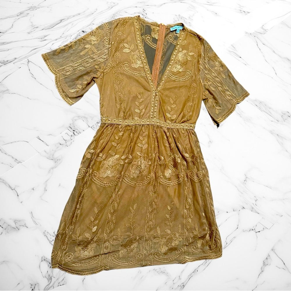 Haute Monde Boho Dreams Floral Embroidered Lace Dress Size Med Rusty Brown